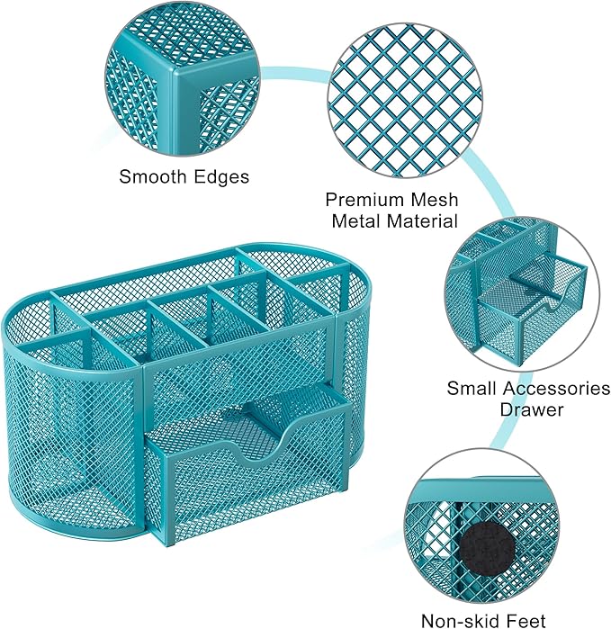 EasyPAG Mesh Desk Organizer, Multi-functional Stationery Organizer for School Supplies, Office Pen Holder for Desk, 9 Compartments Dorm Organization with Drawer, Blue