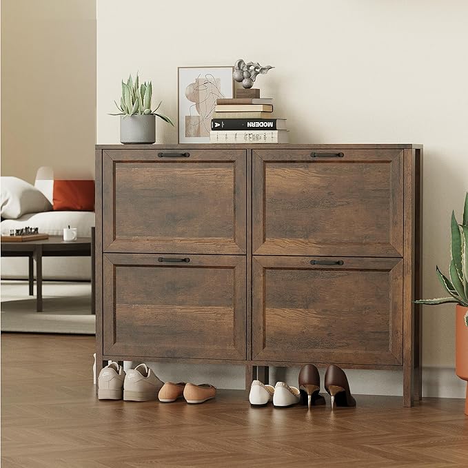 Shoe Storage Cabinet with 4 Flip Drawers, Wooden Shoe Rack with Metal Handle, Freestanding Hidden Shoe Storage Organizer with Open Shelf, Narrow Shoe Rack for Entryway, Hallway (Brown)