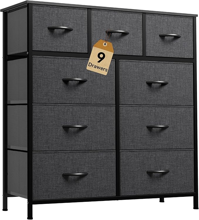 DWVO 9 Drawers Dresser for Bedroom, Fabric Storage Tower for Living Room, Entryway - Sturdy Steel Frame, Wooden Top & Easy Pull Fabric Bins-NeatNest