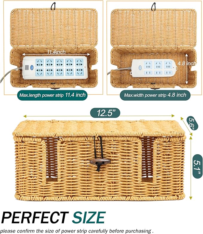 Handwoven Synthetic Rattan Cable Organizer Box with Lid,with 4 Open Slots,Cord Organizer Box Cord Storage Basket for Computer Router USB Hub and Power Strip