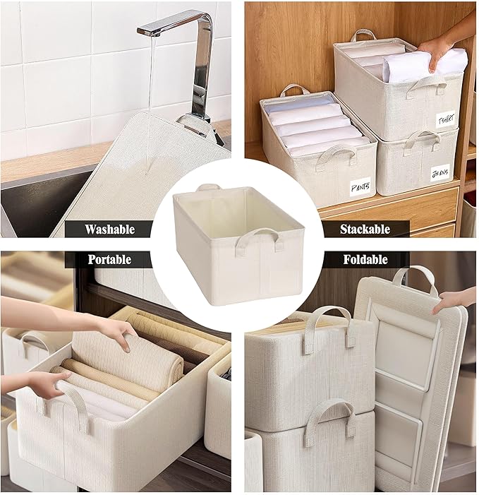 AARAINBOW 4 Pcs Closet Clothes Organizer with Handle, Fabric Storage Box with Steel Frame Stackable Shelf Storage Baskets Foldable Fabric Storage Baskets for Organizing Clothes Toys, 23L (B 4 White)-NeatNest