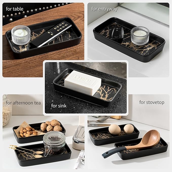 Bathroom Vanity Tray for Countertop,2PC Rectangle Marble Tray Set,Decorative Bathroom Organizer for Scrubber, Lotion Bottles, Perfume, Jewelry, Candle, Key Trinket Ring(Small,Black)-NeatNest