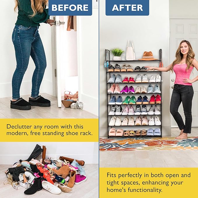 Sundaze Shoe Rack - 8 Tier Shoe Rack for Front Door Entrance, Sturdy Tall Shoe Organizer for Closet, Bedroom, Entryway, Garage, Non Woven Fabric Shelf, Black, Holds Up to 40 Pairs-NeatNest
