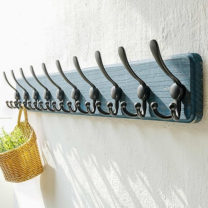 Dseap Coat Rack Wall Mount - 38-1/4" Long, Heavy-Duty, 10-tri-Hooks, Barnwood-Style Wooden Wall Coat Hanger Hook Rail for Winter Coats Hat Jacket Clothing, Weathered Blue & Black, Pack of 2