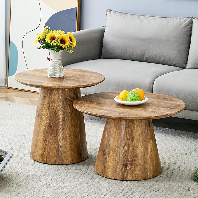 25.6" Small Round Coffee Table, Wood Mid Century Modern Coffee Tables with Pedestal Base, Space Saving Circle Center Table for Living Room, Small Space, Apartment (Wood)