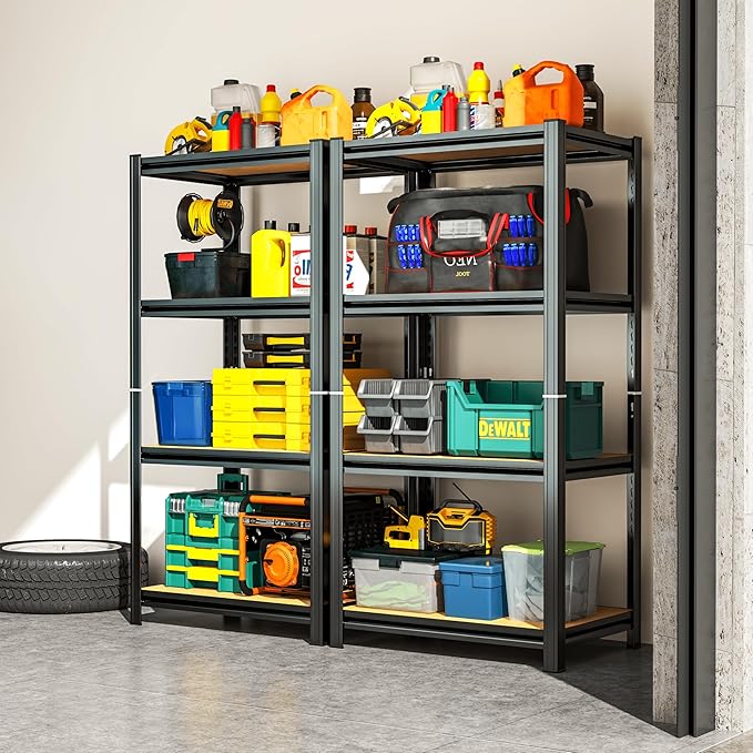 Garage Shelving, 4-Tier Adjustable Storage Shelves, Metal & Wood Pantry Shelf Organizer, Modern Garage Shelving Unit, Utility Storage, (Wood 45.7" H x 23.6" W x 11.8D)-NeatNest