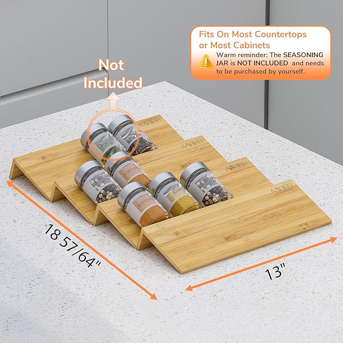 AMBIRD Bamboo Spice Drawer Organizer with Non-slip Mat, 4 Tier Jar Spice Rack Tray 13'',Seasoning Organizer for Kitchen,Cabinet,Drawers,Countertop-NeatNest