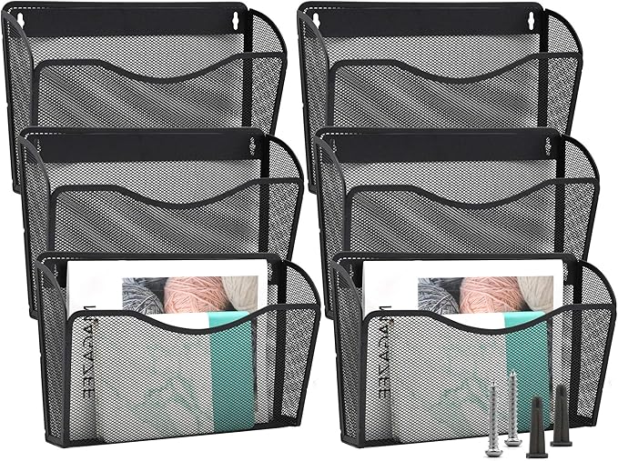 EASEPRES 6 Single Pocket Mesh Hanging File Organizer, Vertical Wall Mounted Magazine File Holder, Mount Basket Mail Paper Document Folder Organizing for Office, Home and School, Black