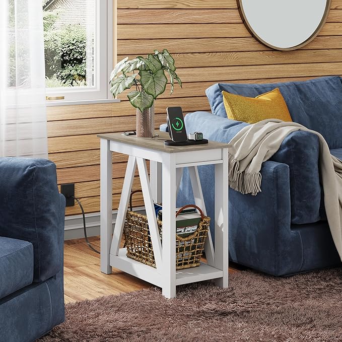 WLIVE End Tables Living Room Set of 2 with Charging Station, Sofa Side Tables with Open Storage Shelf, Slim Farmhouse End Table Sets, Greige