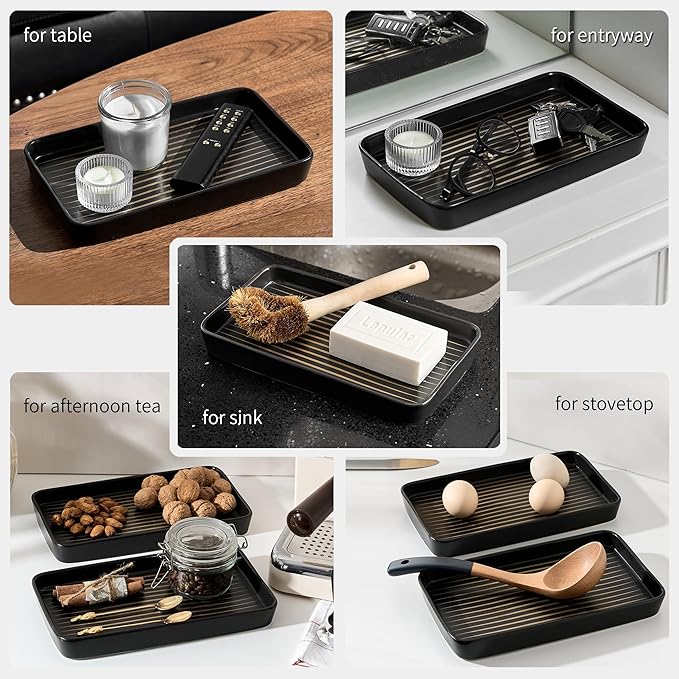 Bathroom Vanity Tray for Countertop,2PC Rectangle Striped Tray,Decorative Bathroom Organizer for Scrubber, Lotion Bottles, Perfume, Jewelry, Candle, Key Trinket Ring(Large,Black)-NeatNest