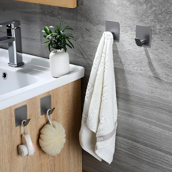 Taozun 4 Pack Sticky Adhesive Hooks - No Damage Wall/Door Hangers for Bathroom Towels, Coats, Purses, Keys - Stainless Steel, Ideal for Dorms & Home, Grey