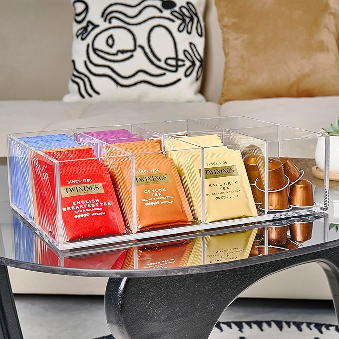 Acrylic Tea Bag Organizer - Clear Tea Storage Box, K Cup Coffee Pods Holder with 8 Compartments, Tea Station Organizer for Countertop, Modern Tea Display Stand-NeatNest