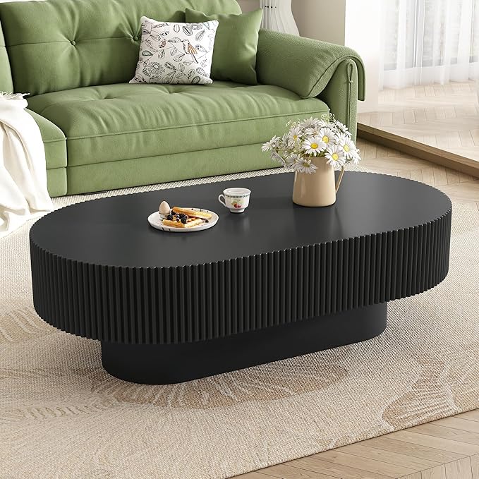 KEVINSPACE Oval Coffee Table for Living Room Modern Wood Center Tables Cocktail Fluted 43.3" W Reception Room Easy Assemble, Black