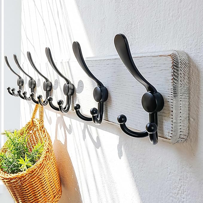 Dseap Coat Rack Wall Mounted - 24" Long 6 Tri Hooks, Heavy Duty Wooden Wall Coat Hanger Coat Hook for Clothes Hat Jacket Clothing, White and Black