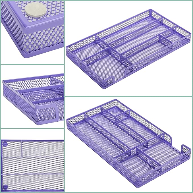 Annova Desk Drawer Organizer Tray for Office Organization - Metal Mesh - Storage Tray with Dividers for Pens, Desktop Accessories, Bathroom, Kitchen, Makeup and Office Supplies (Small, Purple)-NeatNest