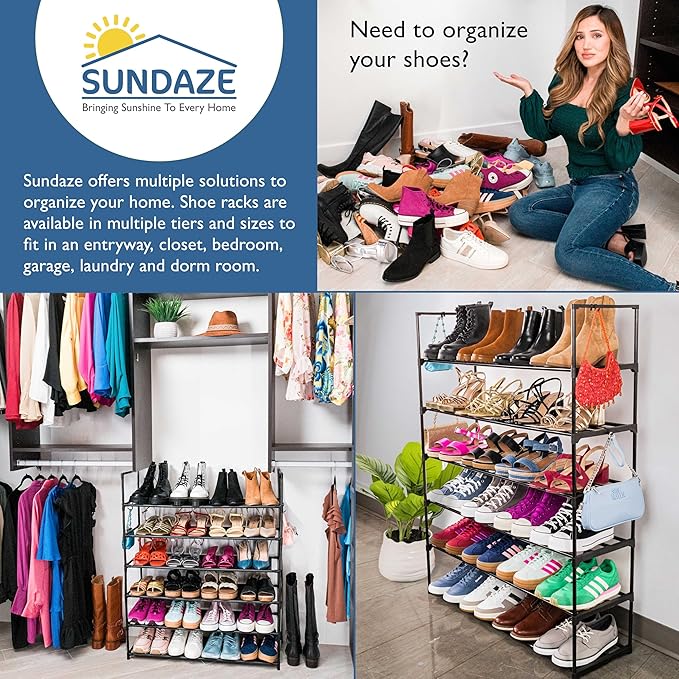 Sundaze Shoe Rack - 6 Tier Metal Shoe Rack for Front Door Entrance, Sturdy Tall Shoe Organizer for Closet, Bedroom, Entryway, Garage, Black Metal Shoe Shelf, Holds Up to 30 Pairs-NeatNest