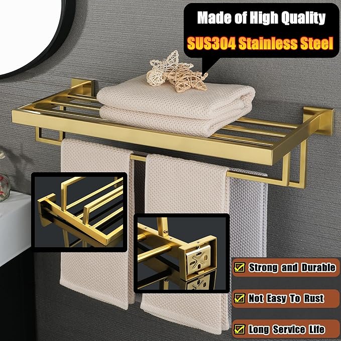 Alise 16 Inch Towel Racks for Bathroom, Towel Rack Wall Mounted with Double Towel Bars, SUS 304 Stainless Steel Towel Shelf, Heavy Duty Hand Towel Holder(Gold Finish)
