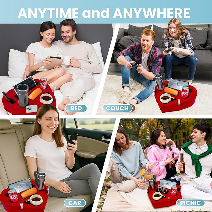 Heart-Shaped 8-in-1 Bed & Couch Cup Holder, Sofa Organizer Caddy Holds Phone, Tablet/iPad, TV Remote, Gaming Console, Mug - Drinks Cupholder Tray - Buddy Pillow Gift for Women & Couples, Red-NeatNest