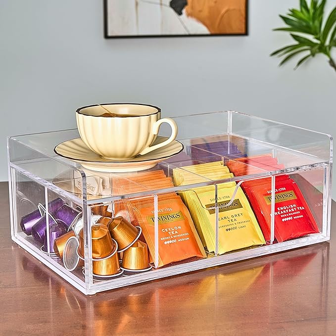 Acrylic Tea Station Organizer for Countertop - Tea Bag Organizer Drawer, Clear Lucite K Cup and Coffee Pod Storage box with 8 Compartments, Tea Caddy Creamer Holder Display Stand-NeatNest