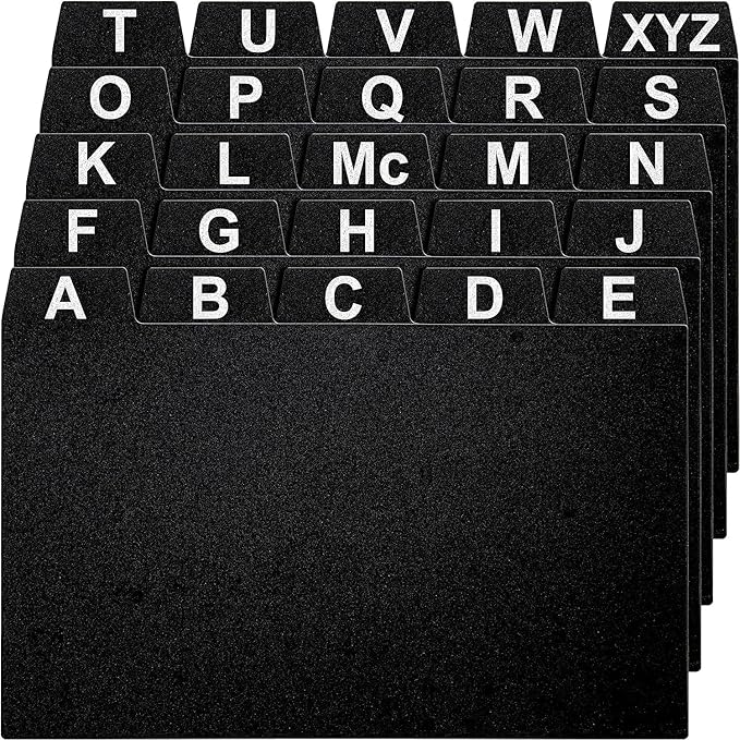 4x6 Index Card Holder Dividers - 25 Plastic Black Index Card Dividers with Alphabet Tabs - Index Card Organizer, Index Cards, Index Card File Box, Trading Card Dividers, 5 Tab Dividers