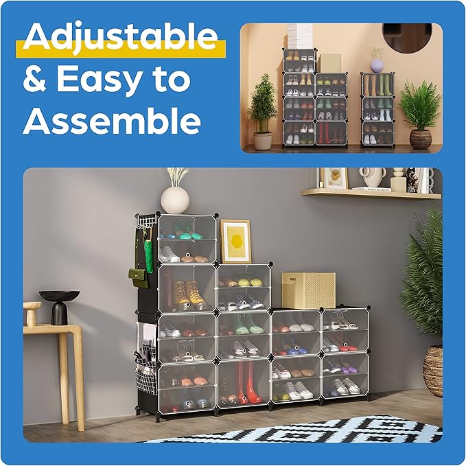 Shoe Organizer Cabinet Up to 48 Pairs, Shoe Closet-Covered Shoe Rack with See-Through Door (Clear, Plastic, Stackable) Cubby Portable Shoe Organizer with Covers, Hooks & Pockets, Black-NeatNest