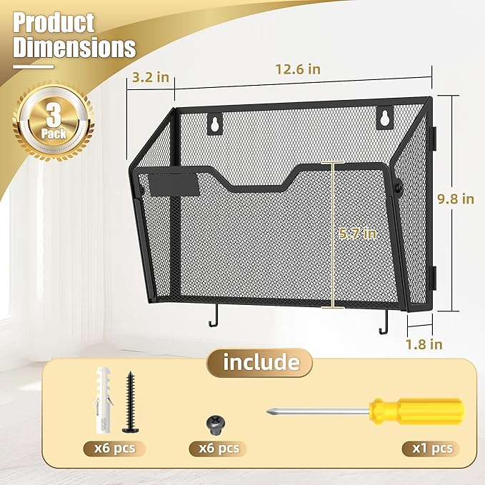 Docnest 3 Pack Hanging Wall File Holders, Mesh Wall Letter File Holder, Wall Mounted Mail Paper Document Folder Holder with Hooks for Office, Home, School, Black