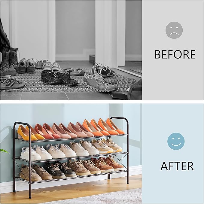 Hoctieon 3 Tier Mesh Style Shoe Rack, Entryway Shoe Shelf, Shoe Storage Organizer, Shoe Rack for Closet, Space Save for Bathroom, Garage, Hallway, Bedroom, Living Room, Brown-NeatNest