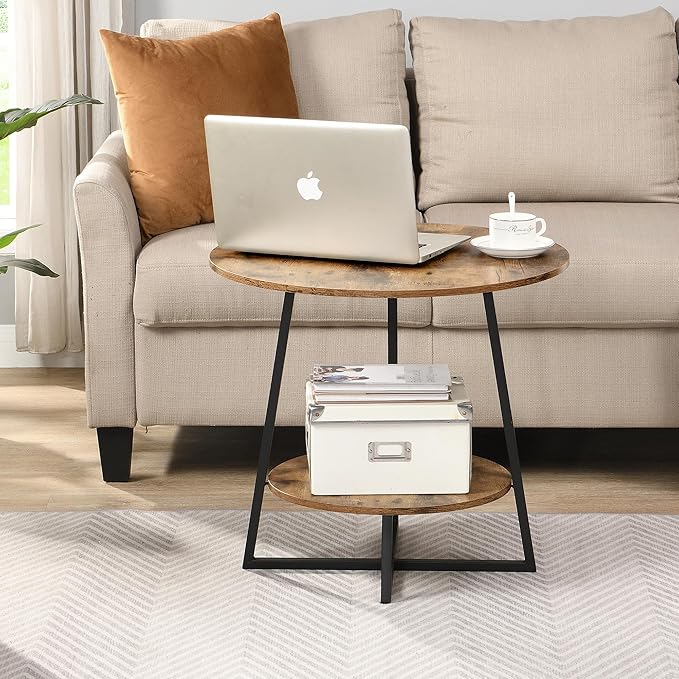 D&H FURNIMMT 20" Living Room Side Table for Small Spaces, 2 Tier Wood Top Round End Tables with Storage Shelf, Accent Sofa Table for Bedroom, Office, Sunroom, Balcony, Rustic Brown/Black-NeatNest