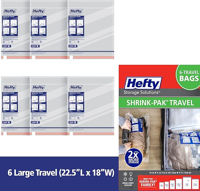 Hefty Shrink-Pak Large Travel Bags - Airtight Storage Bags for Maximum Space Saving, Travel Essentials, Ideal for Packing, Durable, Reliable Compression with Sealed Protection
