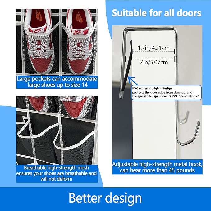 door shoe organizer,28 Large Breathable Mesh Pockets,shoe organizer, Hanger Holds Up to 50 lbs for Shoes,New upgrade anti-scratch heavy-duty hooks,shoe storage,Black/White-NeatNest