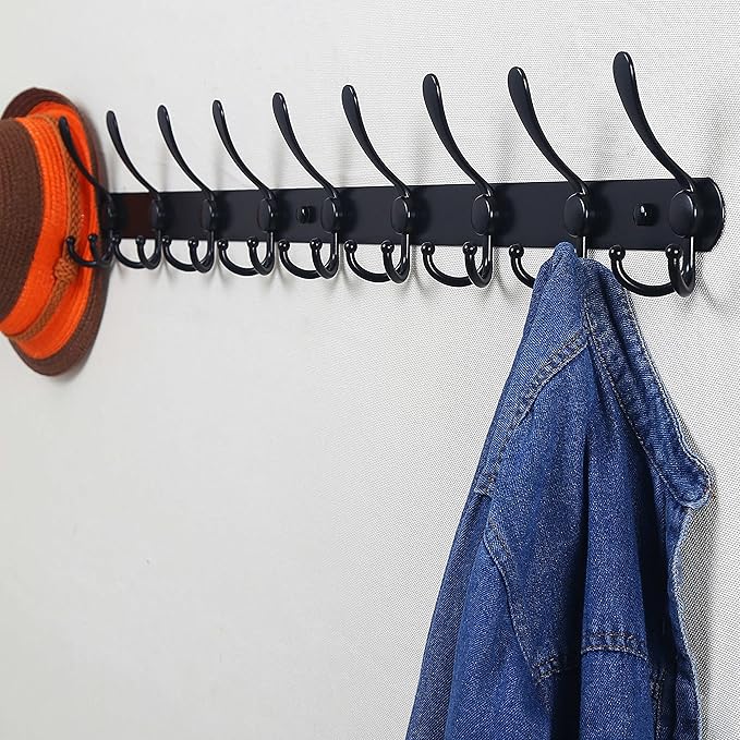 Dseap Coat Rack Wall Mount - 38” Long 10-Tri-Hooks Heavy Duty Coat Hanger Rail Wall Hooks for Hanging Coats Hats Clothing Clothes Purse Mudroom Entryway, Black, Pack of 2-NeatNest