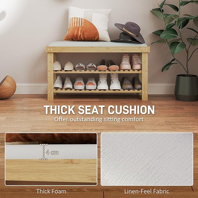 HOMCOM Bamboo Shoe Bench, 3-Tier Entryway Bench with Storage and Cushion, Shoe Organizer for Entryway, Hallway, Holds Up to 331 lbs, 35.4 x 11.4 x 19.3 Inches, Cream White