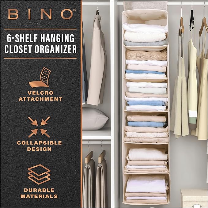 BINO 6-Shelf Sweater Closet Organizer - Beige | Closet Hanging Organizer for Bedroom | Sweater Storage Organizers | Hanging Shelves | Portable Closets for Clothes | Room Essentials-NeatNest