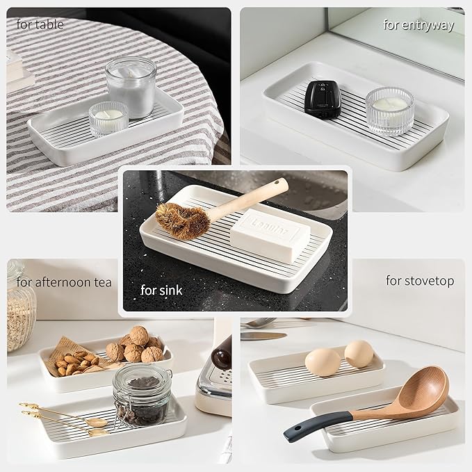 Bathroom Vanity Tray for Countertop,2PC Rectangle Striped Tray,Decorative Bathroom Organizer for Scrubber, Lotion Bottles, Perfume, Jewelry, Candle, Key Trinket Ring(Small,White)-NeatNest