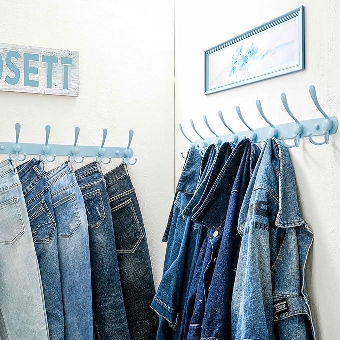 Dseap Coat Rack Wall Mount - 29.5” Long 8-Tri-Hooks Heavy Duty Coat Hanger Rail Wall Hooks for Hanging Coats Hats Clothing Clothes Purse Mudroom Entryway, Blue-NeatNest