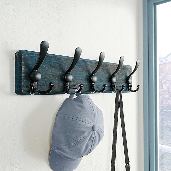 Dseap Coat Rack Wall Mount - Heavy-Duty Robust Barnwood-Style Wooden Wall Coat Hanger Hook Rail with 5 Triple Hooks for Winter Coats Hat Jacket Clothing, Weathered Blue & Black