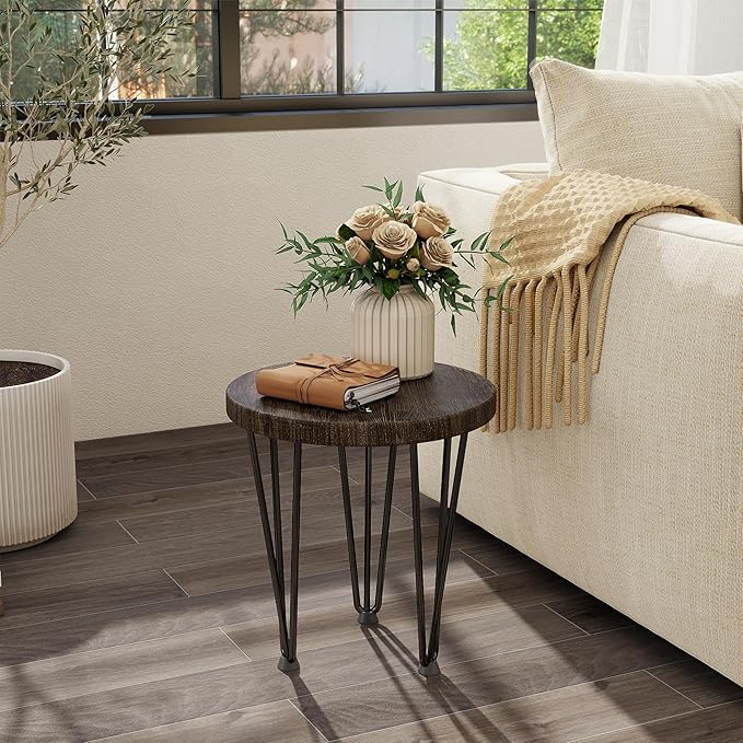 Fun Memories Round Coffee Table - Elm Wood Nesting Table with Metal Legs & Non Slip Feet Base - Rustic Nesting End Tables for Living Room Bedroom - 14" D x 14" W x 16" H - Walnut Color