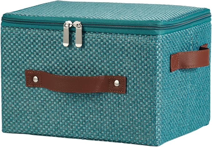 Storage Bins with Lid Fabric Storage Box Basket PU Leather Handle Textured Woven Cotton Linen Decorative Foldable Washable Shelf Closet Organizer Container (Zipper Lid, Blue, Small)-NeatNest