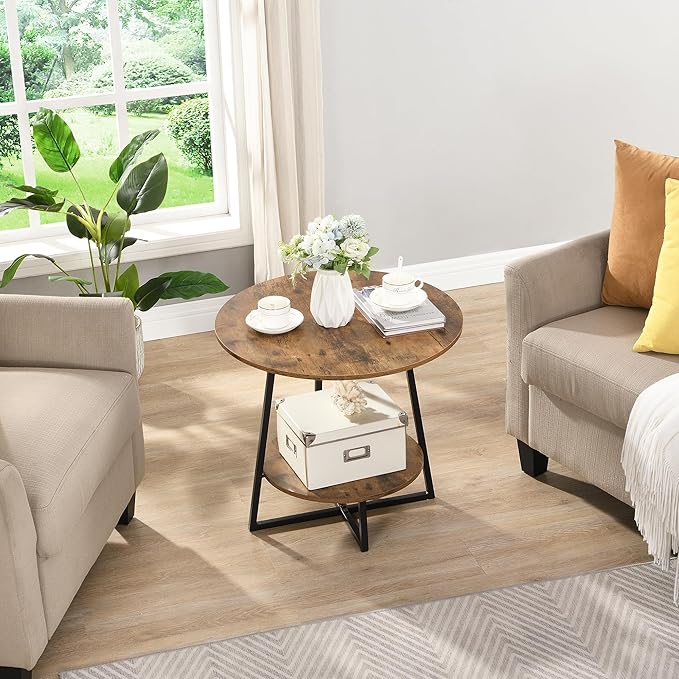 D&H FURNIMMT 20" Living Room Side Table for Small Spaces, 2 Tier Wood Top Round End Tables with Storage Shelf, Accent Sofa Table for Bedroom, Office, Sunroom, Balcony, Rustic Brown/Black-NeatNest