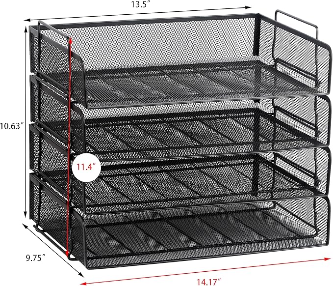 EASEPRES 4 Pack Stackable Desk Paper Tray, Metal Mesh Desktop Document Letter File Organizer for Office Home School, 13.5'' L x 9.75'' W x 11'' H, Black