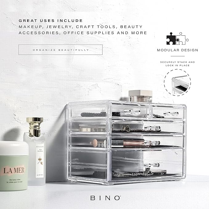 BINO THE MANHATTAN SERIES Acrylic Makeup Drawer Organizer-3 Large 2 Small Drawer | Clear Beauty Organizers and Storage| Cosmetic & Makeup Organizer | Home Organization| Jewelry & Vanity Accessories-NeatNest