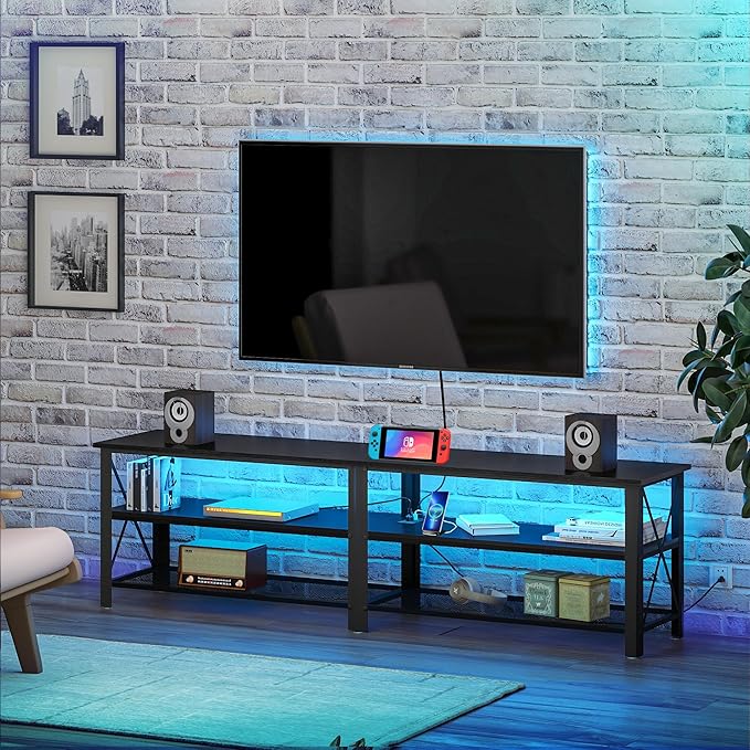 Clikuutory Modern Black 71 inch Metal TV Stand with LED Lights and Power Outlets for 50 60 65 70 75 80 Inch TVs, 3 Tier Television Stands with Entertainment Center and Storage for Living Room, Bedroom-NeatNest