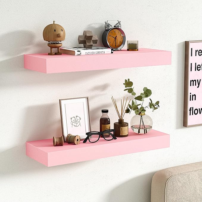 BAMEOS Pink Floating Shelves for Wall, 16" x 6" Wall Shelves for Room, Floating Book Shelves, Hanging Shelves for Bedroom, Bedroom, Living Room, Kitchen (Set of 2)-NeatNest