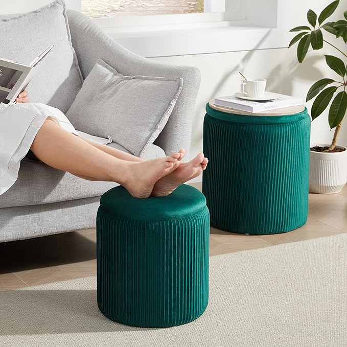 Royal Windsor Round Ottoman with Storage Set of 2,Vanity Stool with Storage for Bedroom, Ottoman Coffee Table, Small Velvet Foot Stool for Living Room, Green