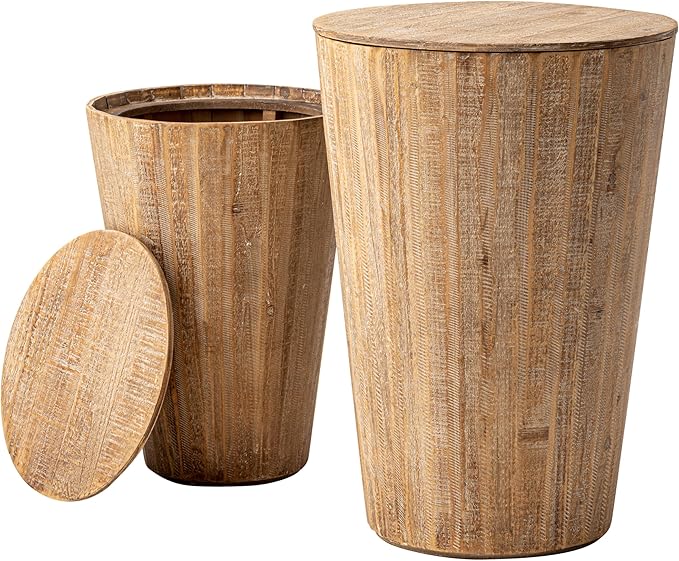 Farmhouse Nesting Barrel Side Table, Rustic Space Saving Storage End Table Set Fully Assembled, Natural Distressed Finish