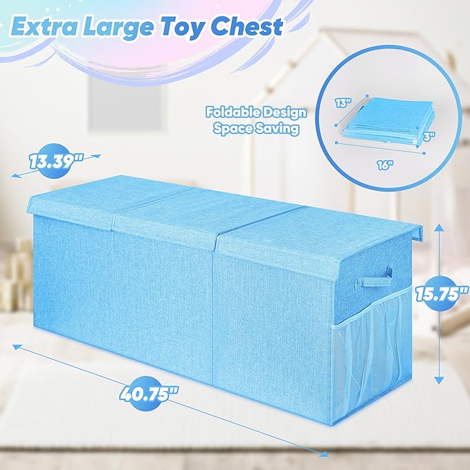 Extra Large Toy Box, Toy Box for Kids Boys Girls, Collapsible Sturdy Toy Storage Organizer with Mesh Pockets, 40"x14"x16" Kids Toy Chest Boxes Bins Baskets for Nursery, Playroom, Blue