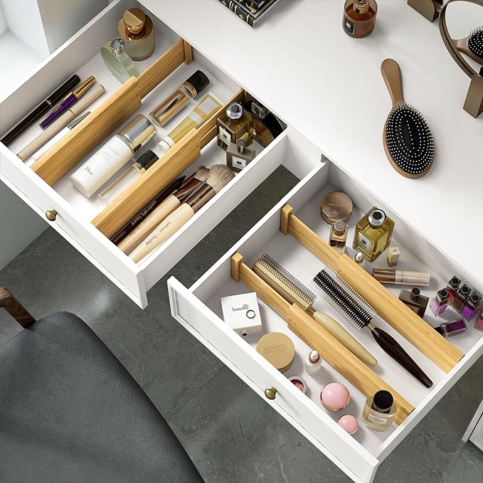 BAMEOS 4 PCS Bamboo Drawer Divider Adjustable Drawer Dividers Kitchen Drawer Organization Utensil Organizers for Kitchen Dresser Bathroom Bedroom and Office-NeatNest