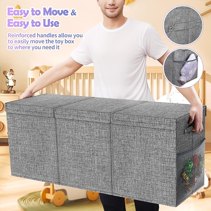 Extra Large Toy Box, Collapsible Sturdy Kids Toy Chest for Boys, Girls, 40"x14"x16" Storage Organizer Toddler Storage Bins with Lids, Toybox Basket for Living Room, Bedroom, Nursery, Gray