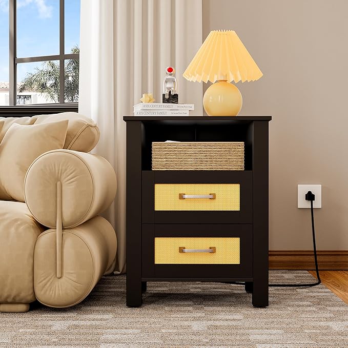 JUMMICO 26.18" End Table with Charging Station and Rattan Drawers, Farmhouse Nighstand, Wooden Storage Bedside Table, Living Room, Bedroom(1, Black Oak)