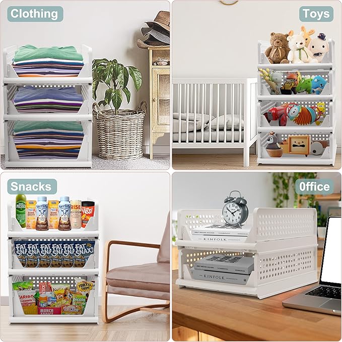 Stackable Foldable Storage Baskets, Folding Storage Bins, Closet Organizers and Plastic Drawer Shelf Storage Container for Wardrobe, Cupboard, Kitchen, Bathroom, Office (White, 4L)